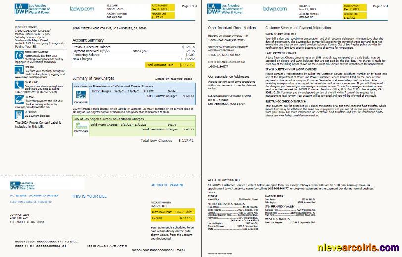 USA LA DWP utility bill, 4 pages, version 2, 1-2 pages